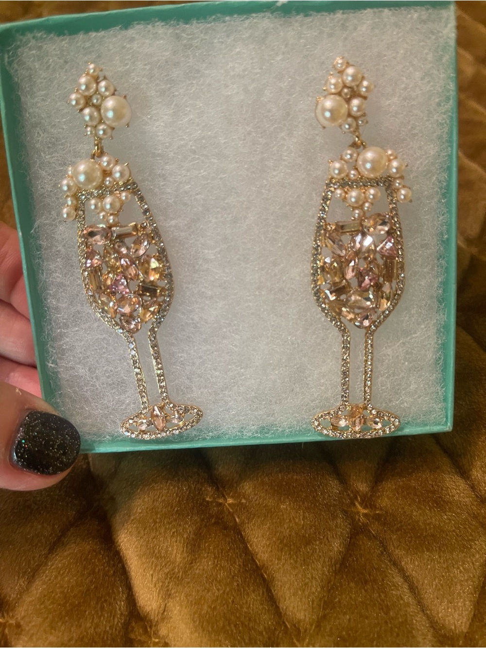 Pearl & Crystal Champagne Glass Drop Earrings - Pink/Gold